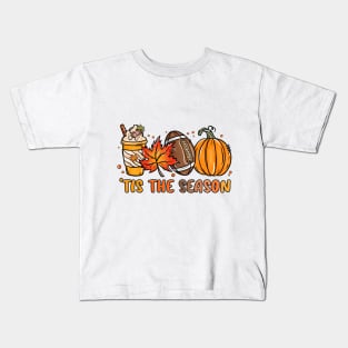 Tis The Season Pumpkin Leaf Latte Fall Thanksgiving Football Kids T-Shirt